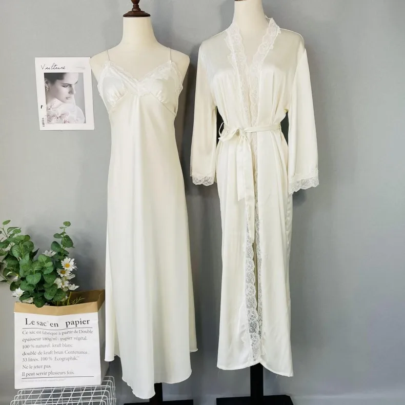 2 Pieces Bathrobe Nightgown Sleep Set Women Lace Wedding Robe Gown Suit Nightdress Sleepwear Sexy Summer Satin Home Wear