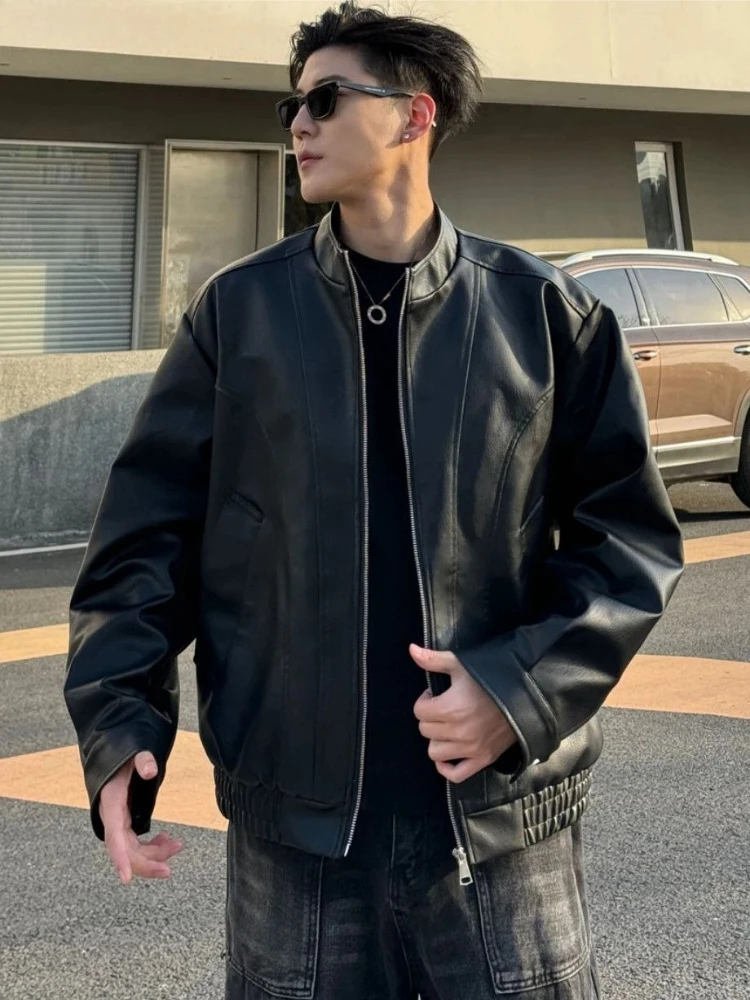 High Quality PU Leather Motorcycle Jacket Men's Half Hooded Edgy Coat for Autumn Couples Versatile Streetwear Utility Jacket​