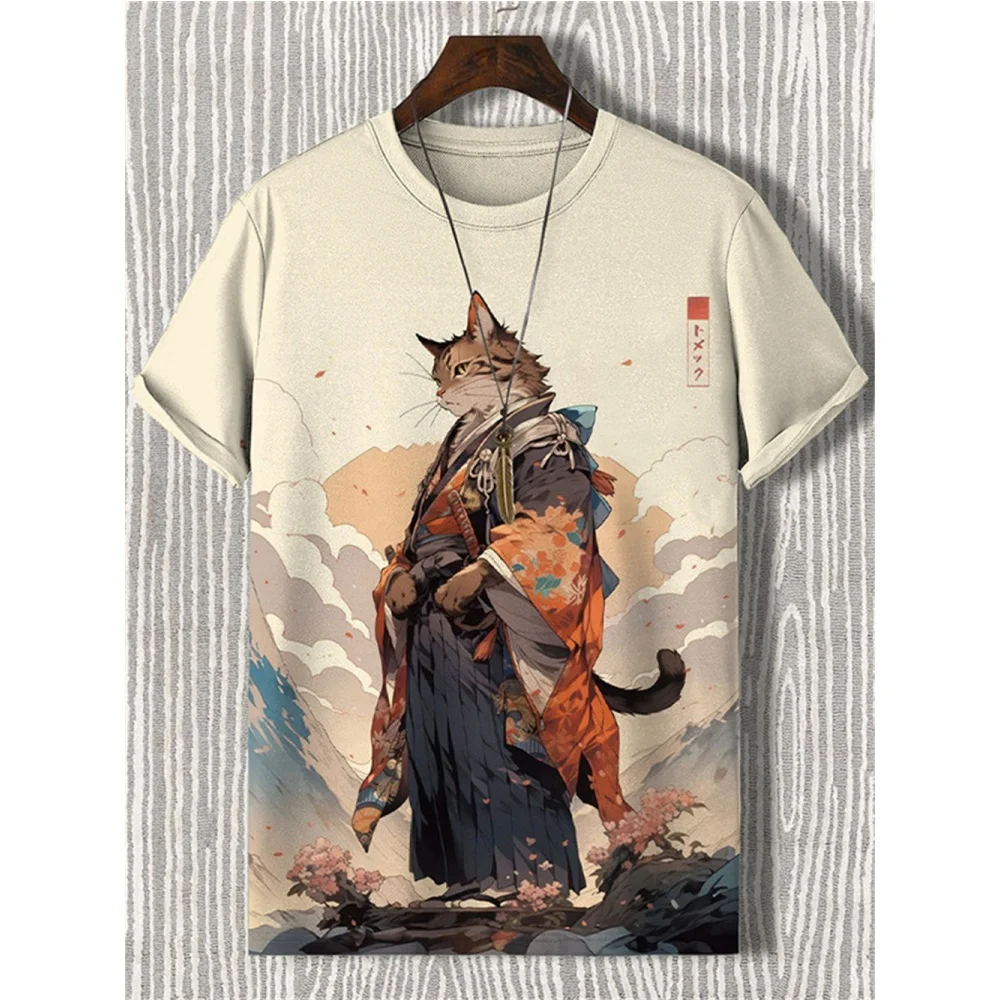 Japanese Samurai Cat Men\'s T-Shirt Summer Fashion Short Sleeved Casual Top Loose Breathable Micro Elastic O Neck T-Shirt Men