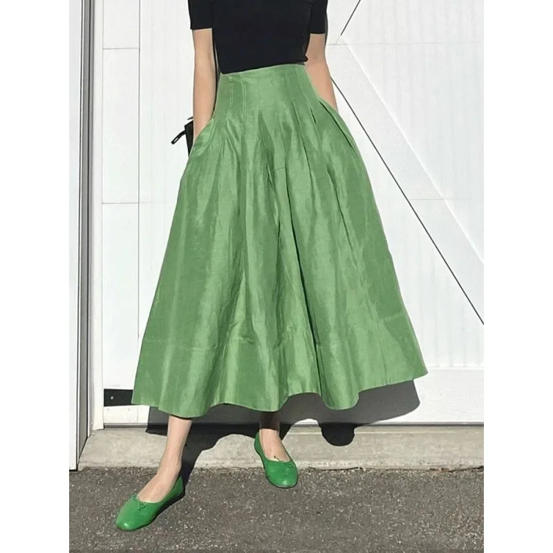 Summer New Women French Elegant Retro Green Umbrella Skirt Temperament High-waisted Female Slim Fluffy Skirts