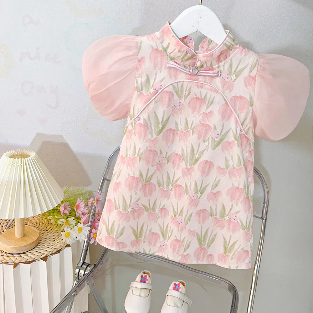 (0-3 Years Old) Summer Baby Girl Covered In Tulip Bubble Sleeve Dress, Girl Retro Cheongsam Dress