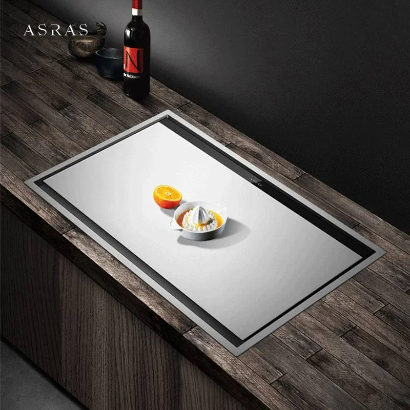 ASRAS Hidden kitchen Sink Single Flip Cover Hidden Large Size 304 Stainless Steel 4mm Thickness Handmade Brushed kitchen Sink