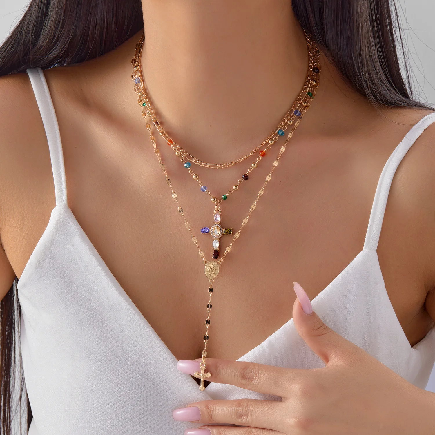 Foreign trade hot-selling long sweater chain accessories, fashionable light luxury cross multi-layer stacked necklace women