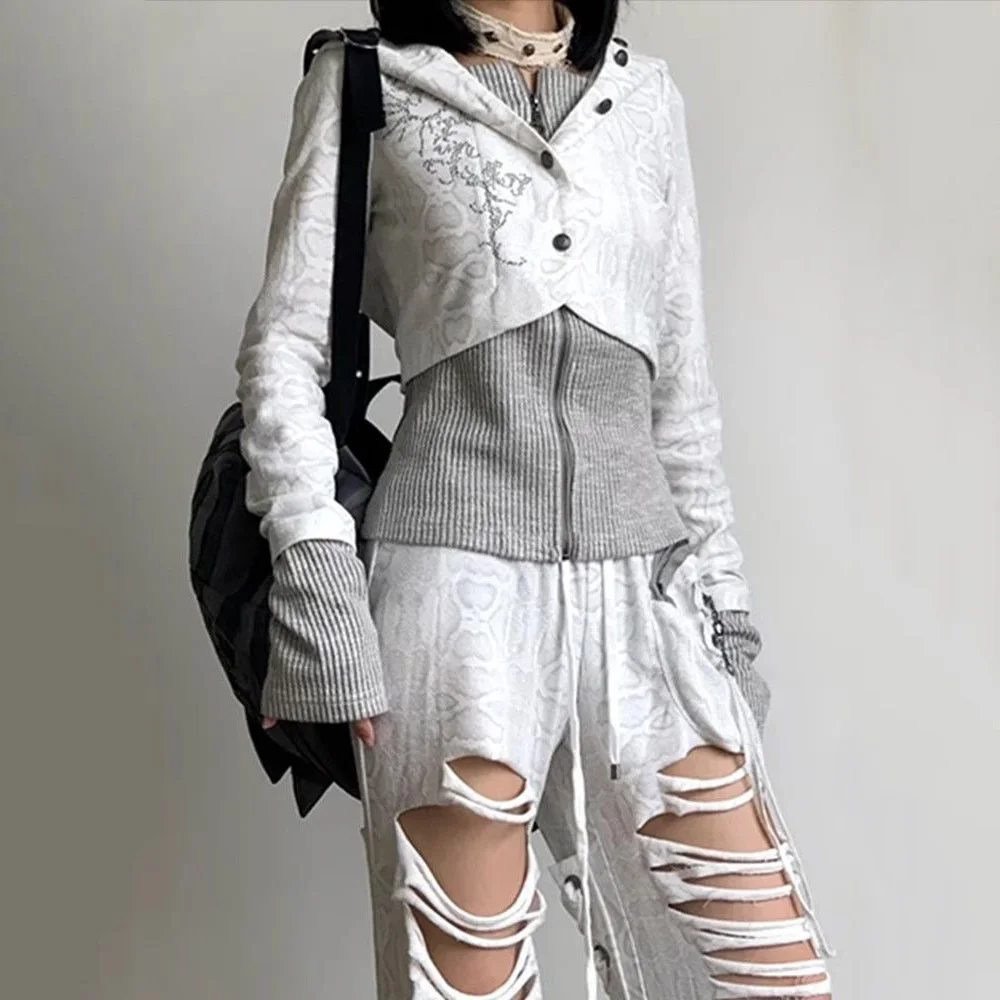 

Y2K ретро-панк вязаный кардиган с капюшоном шерстяной свитер с длинными рукавами поддельные две части Harajuku готический облегающий уличный модный