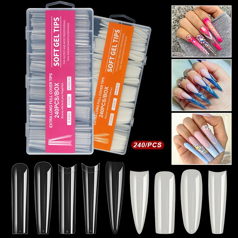 XXXL No Trace Super Long Coffin False Nail Art Tips French Stiletto Half Full Cover Fake Nails Extension Length Artificial Tips