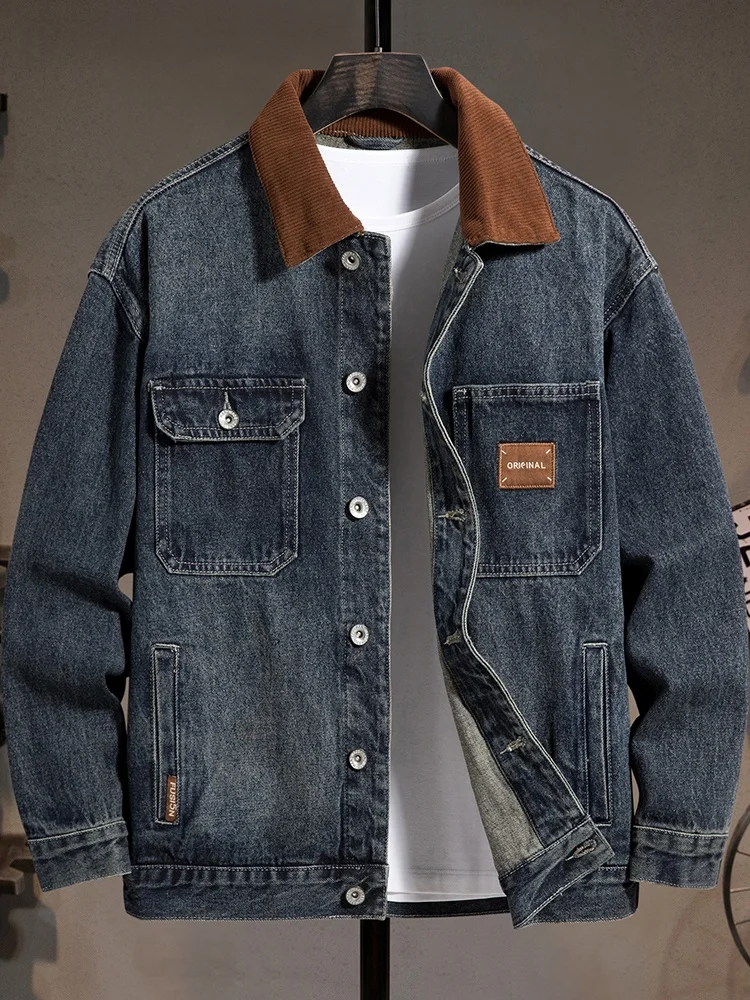 

Мужская джинсовая куртка премиум-класса в американском ретро-стиле, рабочая одежда, с множеством карманов, длинный рукав, для активного отдыха, универсальная, модная, из хлопка и полиэстера.