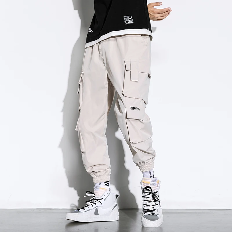 Calça de harem preto masculina, calça cargo, hip-hop, bolsos casuais, moletom extragrande, calça masculina na moda, streetwear, 2024