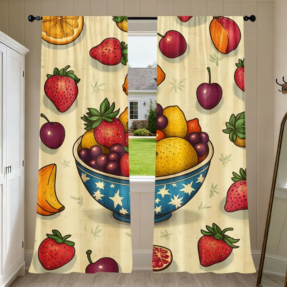 Fresh Fruit Bowl Curtain, Strawberry & Banana Print Drape, Colorful Kitchen Window Treatment for Dining Room Home Decor