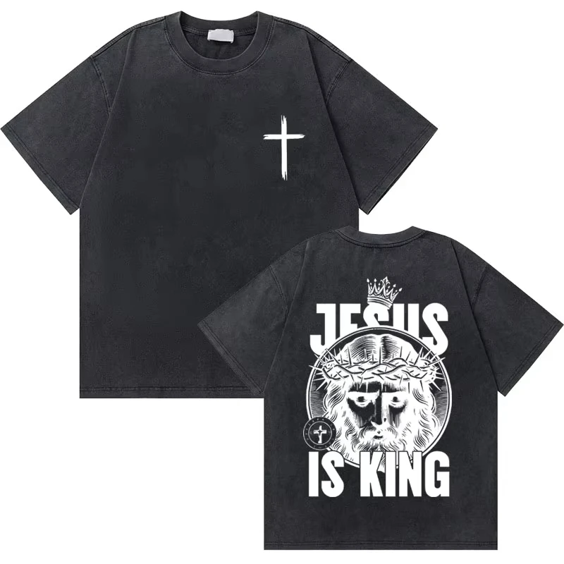 Männer Frauen Hip Hop Mode Rock Kurzarm Übergroße T-shirts Unisex Gewaschen Vintage Christian Jesus Ist König Grafik T Shirts