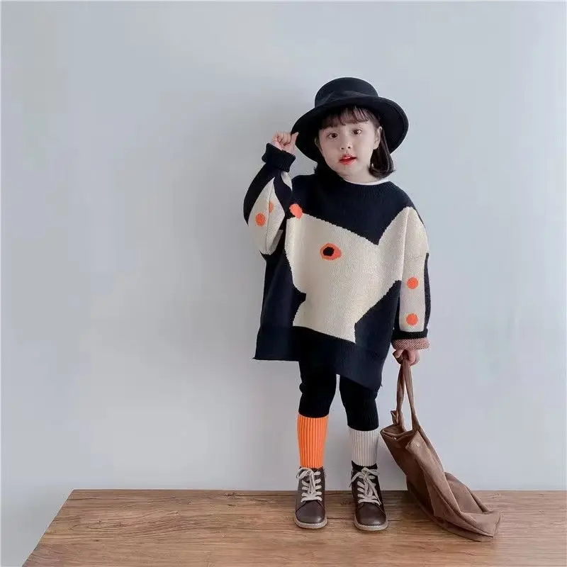 Girls Sweater Suit 2023 New Women\'s Baby Sweater Autumn and Winter Fashionable Black Color Matching