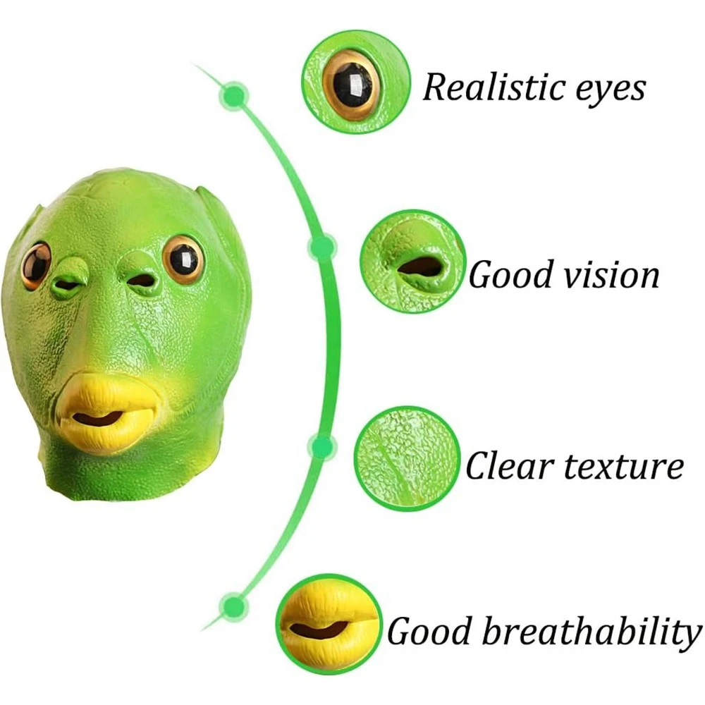Testa di pesce verde di Halloween Testa di pesce rosso Divertente costume cosplay Maschera Festa di carnevale per adulti Maschera per testa di pesce Copricapo per il primo di aprile