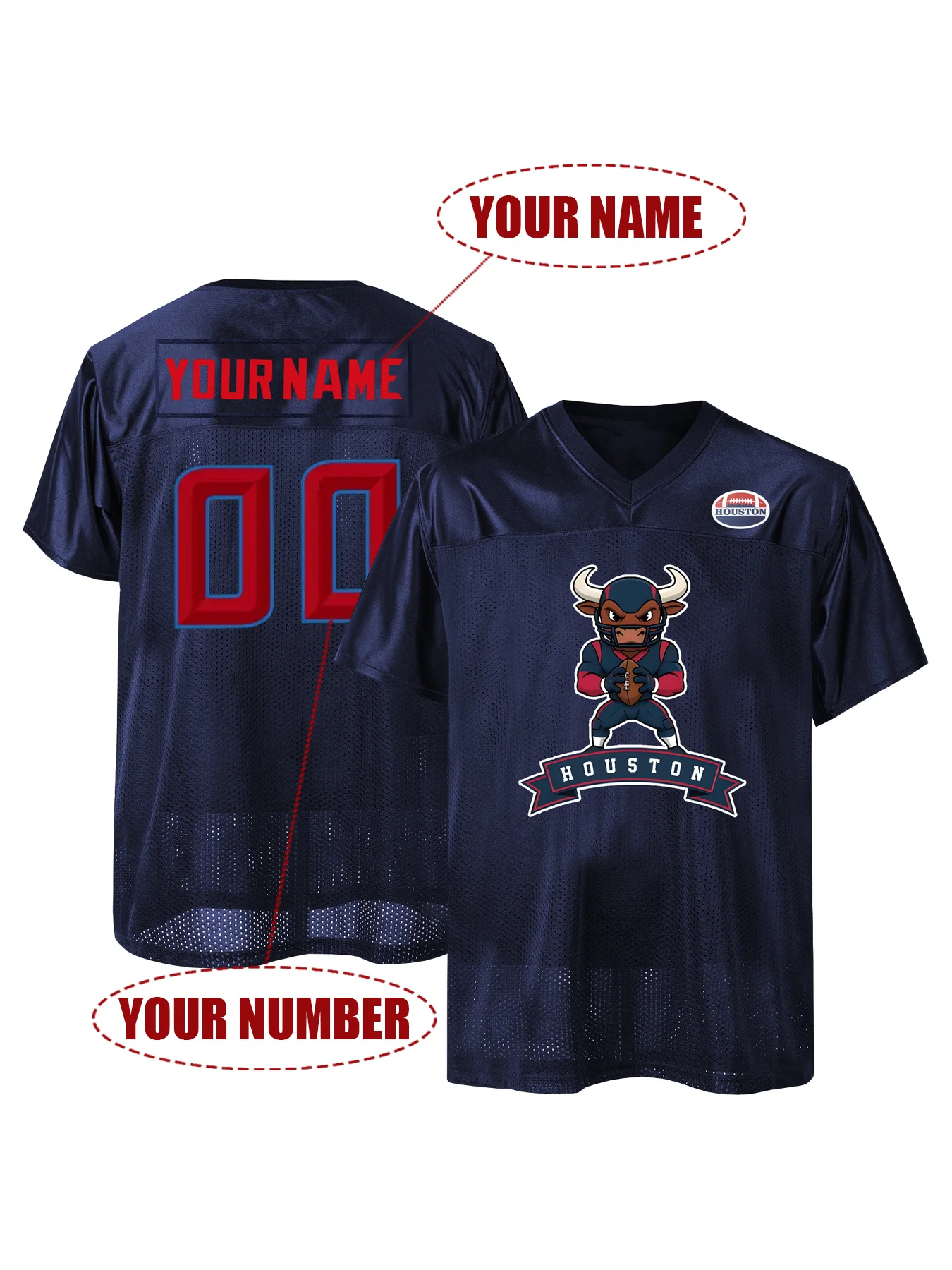 Custom American Football Jersey Personalized Name Number Houston Cartoon Mascot Breathable Mesh for Men Women Youth Fan Gift