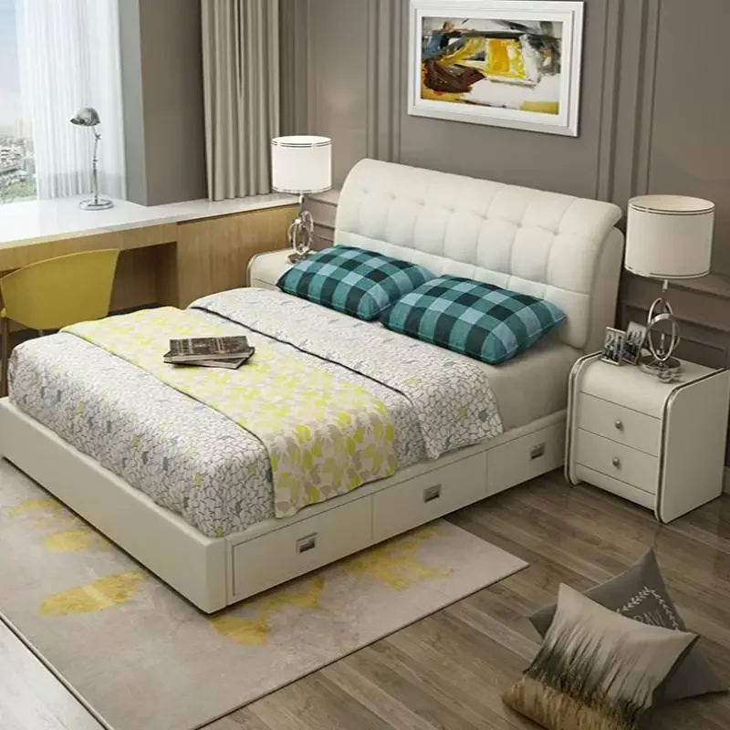 Pretty European Queen Bed Tall Headboard Elegant Solid Wood Frame Bed Bases Nightstands Modern Lit 2 Personnes Furniture Home