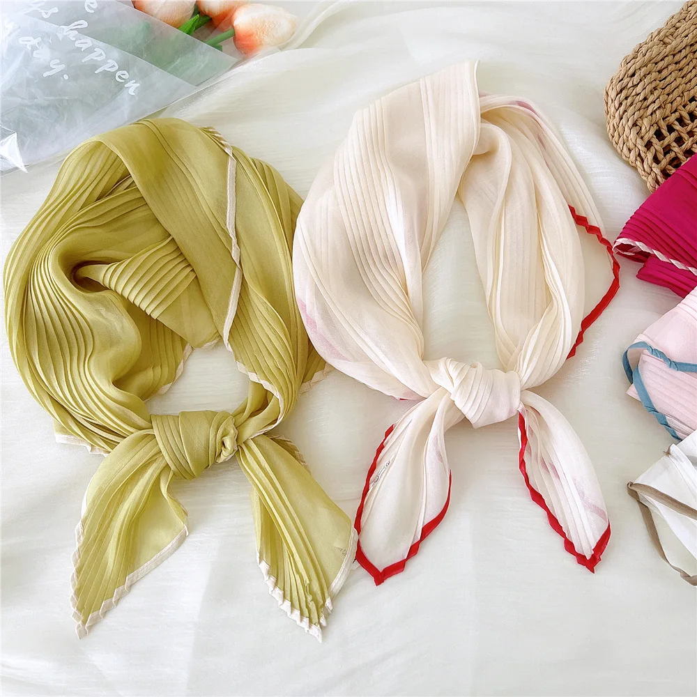 1PC 60cm Small Pleated Silk Scarf Fairy Solid Color Small Neckwear Bandana Rhombus Elegant Female Headband Summer Handkerchief