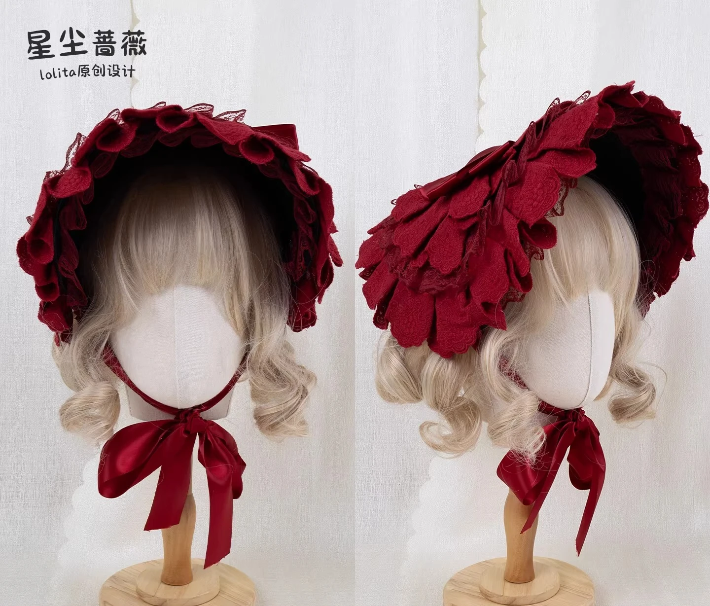

Красная оригинальная шляпка-боннет в стиле Лолита ручной работы, плоская шляпа с кружевным бантом, повязка на голову с розой, женская