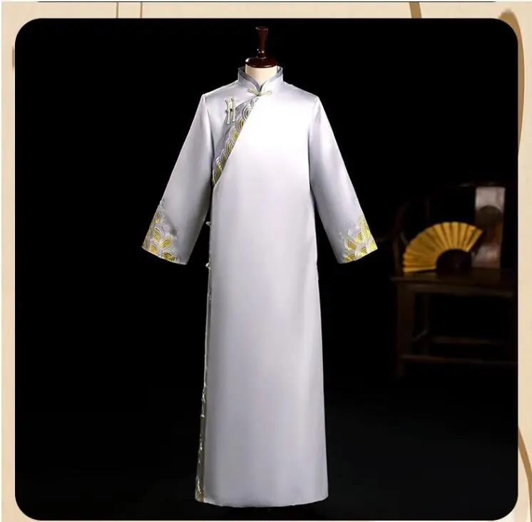 Chemise longue pour hommes, costume croisé, robe de mariée de style chinois