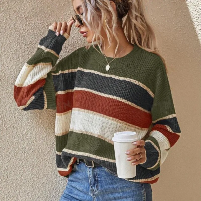 خمر Harajuku سترة فضفاضة المرأة الخريف الشتاء س الرقبة المتضخم بلوفر مغزول عادية ضرب اللون مخطط القمم الشارع الشهير