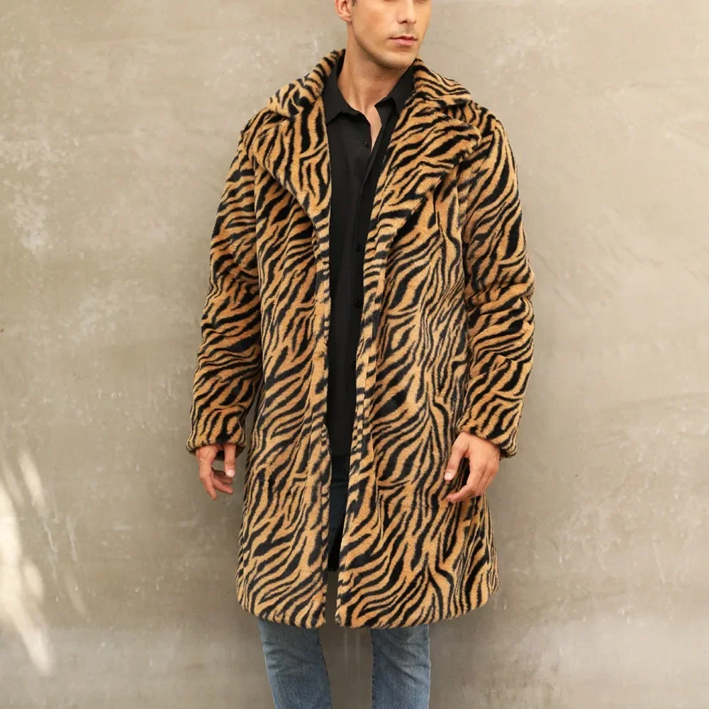 Jaqueta de pele sintética de manga comprida masculina, casaco fofo, outerwear luxuoso, listra zebra, casacos quentes de inverno