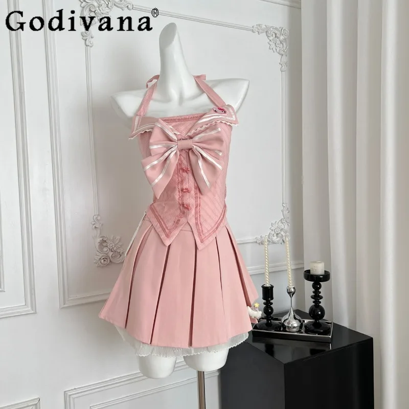 Verão estilo princesa conjunto feminino lolita doce topo e saia duas peças terno feminino verão grande arco design saia outfits