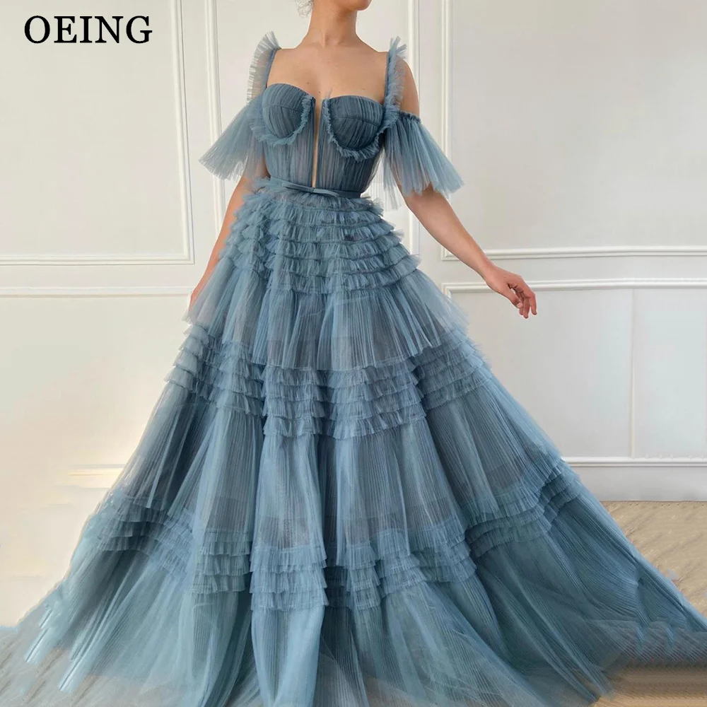 OEING Dusty Blue Ruffled Tulle Tiered Evening Dresses Off Shoulder Sleeves Long A Line Floor Length Prom Gowns فساتين مناسبة رسم