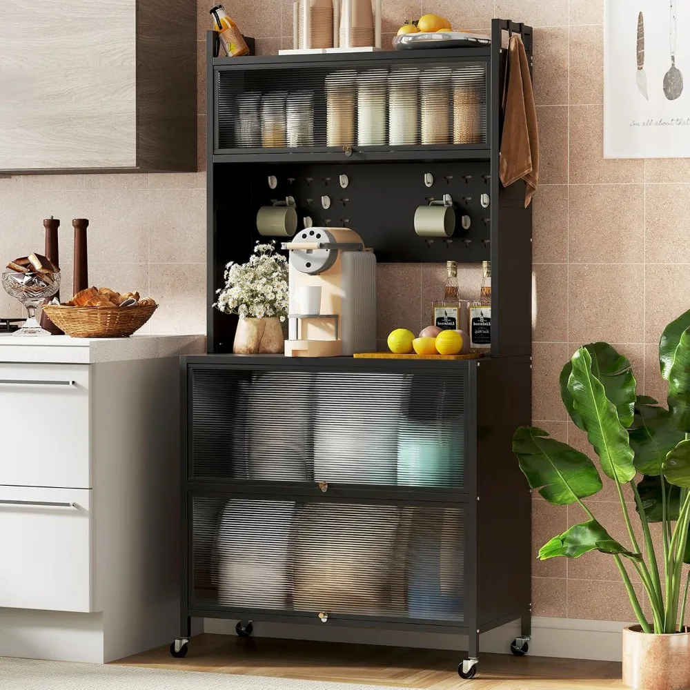 5-Tier Rolling Kitchen Baker's Rack with Wheels, Microwave Stand, Flip Door Cabinets, Pegboard Hooks, Adjustable Storage Solutio