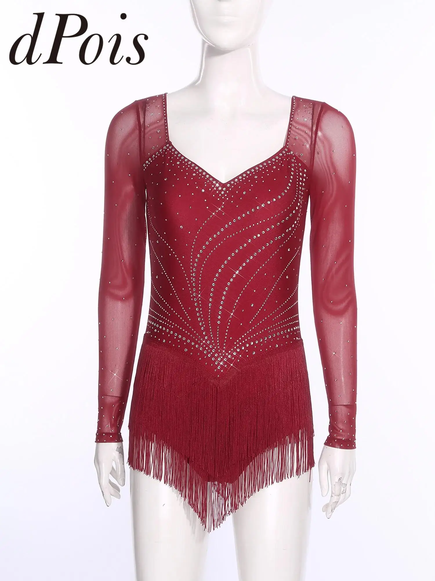 Women Glittery Latin Dance Sequin Bodysuit Chacha Salsa Dress Performance Tango Dance Costume Line Dance Tassel Fringed Jumpsuit