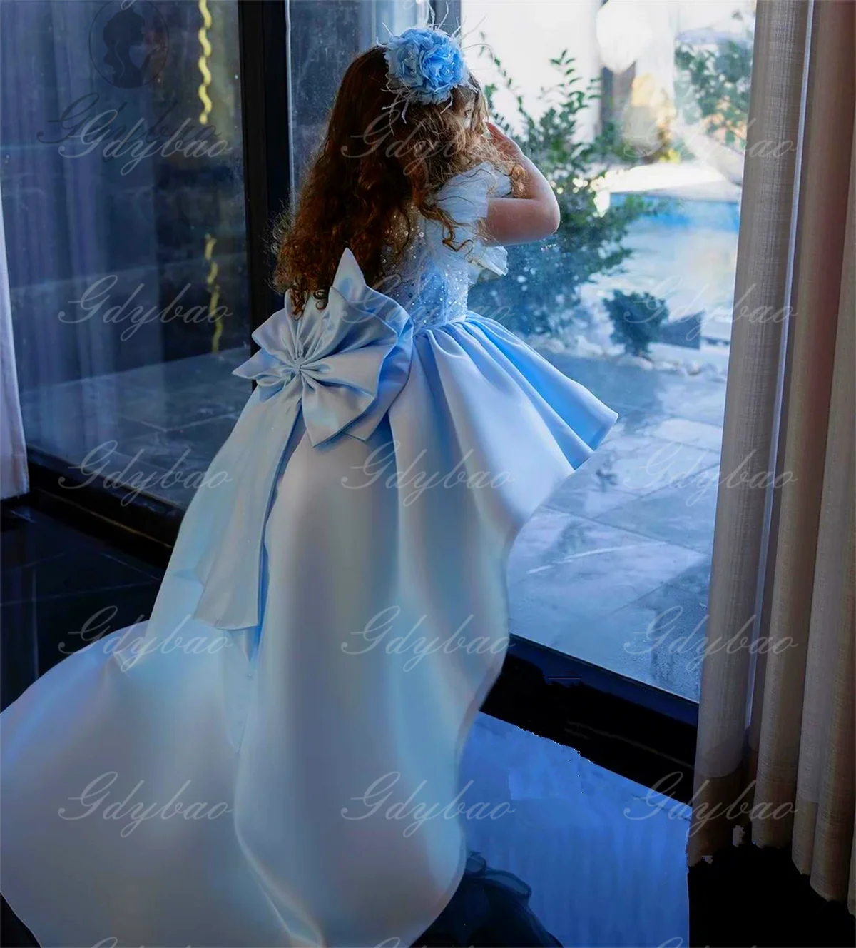 Azure Flower Girl Dress Pearl Beading Stones Top with Puffy Skirt Party Toddler Dress Long Train Ball Gown Princess