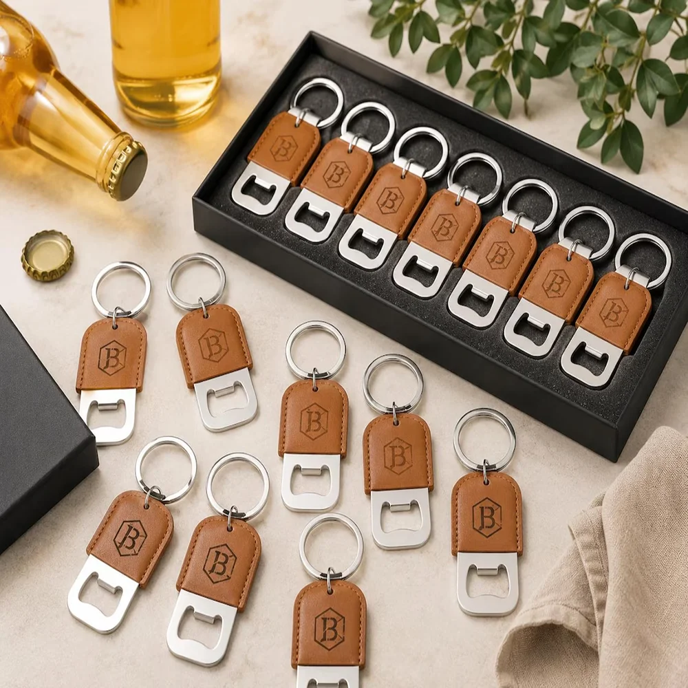 Minimalist Custom Engraved Bottle Opener Keychain PU Leather Personalized Keyring Wedding Bridal Shower Favor Gift For Guests