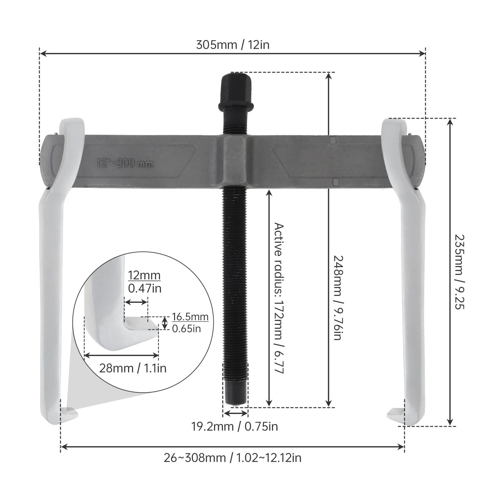 12 Inch Internal External Chrome Vanadium Gear Puller Two Claws Bearing Puller for Removal of Pulleys Flywheels Bearings & Gears