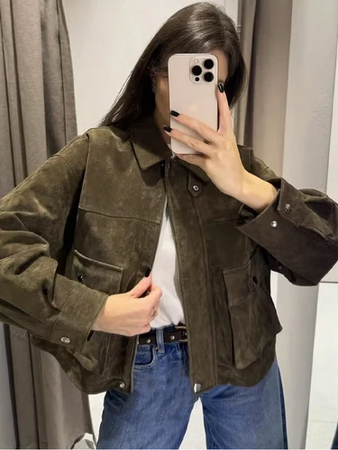 Imagen 2 del producto SLTNX Chaqueta de ante verde oliva para mujer, abrigo con solapa extragrande, manga larga, con bolsillos, estilo urbano, para otoño e invierno