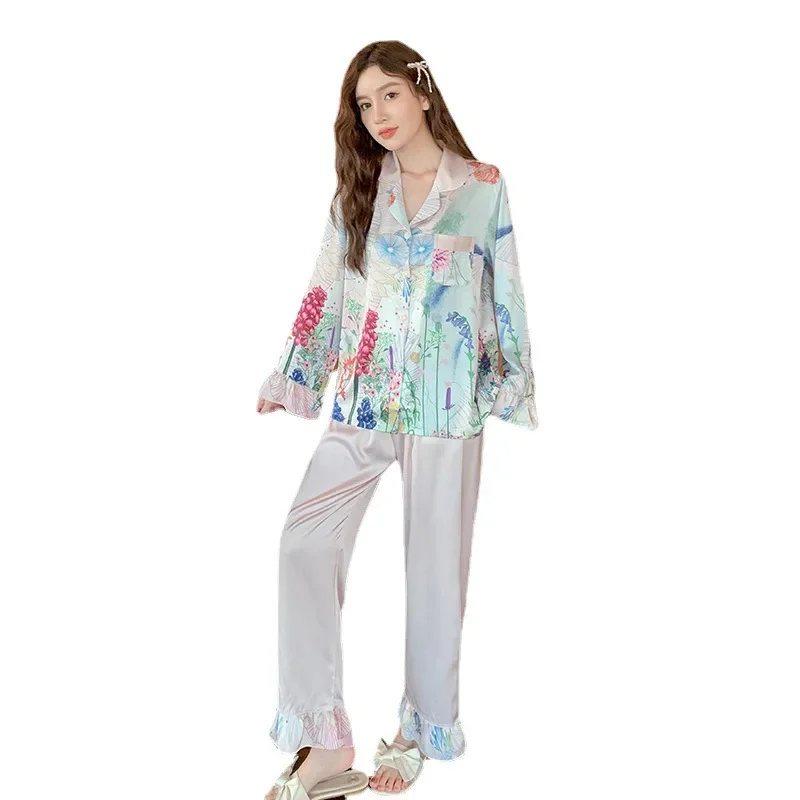 French Thin Ice Silk Women's Pajamas Sets High-end Simulation Silk Home Service Sleepwear Spring and Autumn Nightwear Suit
