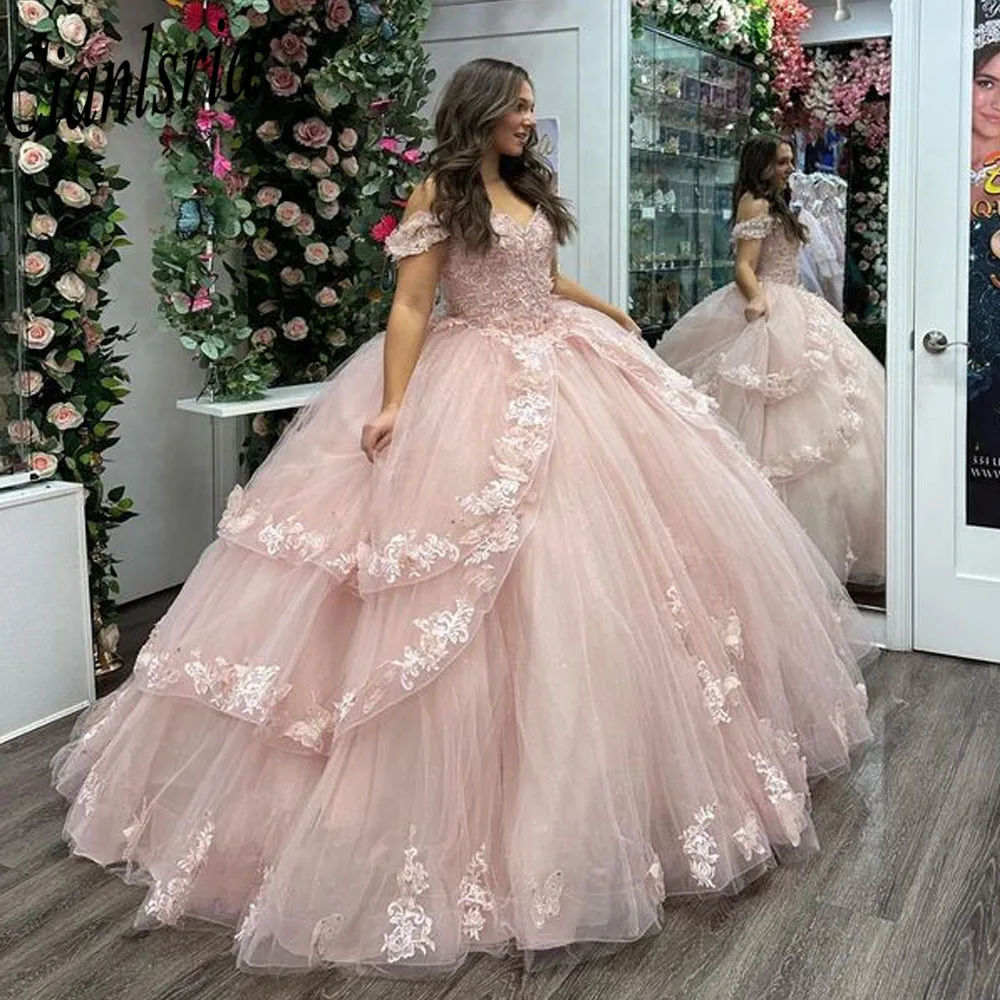 Rosa von der Schulter Rüschen Quince anera Kleider Ballkleid Applikationen Spitze süß 15 Vestidos de XV Años