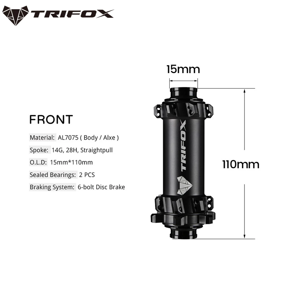 

Ступицы TRIFOX MTB для горного велосипеда M821 Boost Spoke 14G 28H 15*110 мм 2 подшипника 6-болтовый дисковый тормоз AL7075 Запчасти для велосипеда Ступица переднего колеса