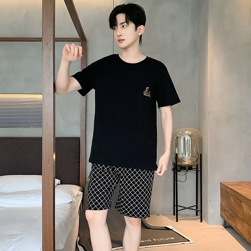 2026 Summer Plus Size Short Sleeve Cotton Pajama Sets for Men Korean Loose Sleepwear Pyjamas Homewear Male Lounge Home Clothes