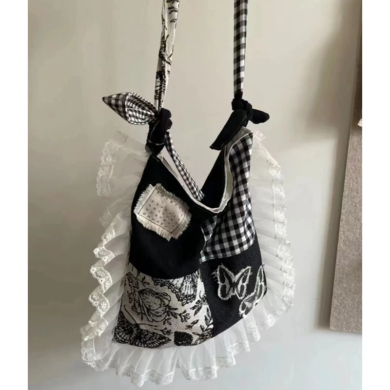 

HAEX Vintage Women Bags 2025 Designer Plaid Butterfly Patchwork Crossbody Shoulder Bags Female Light Aesthetic Lace Bolso Mujer