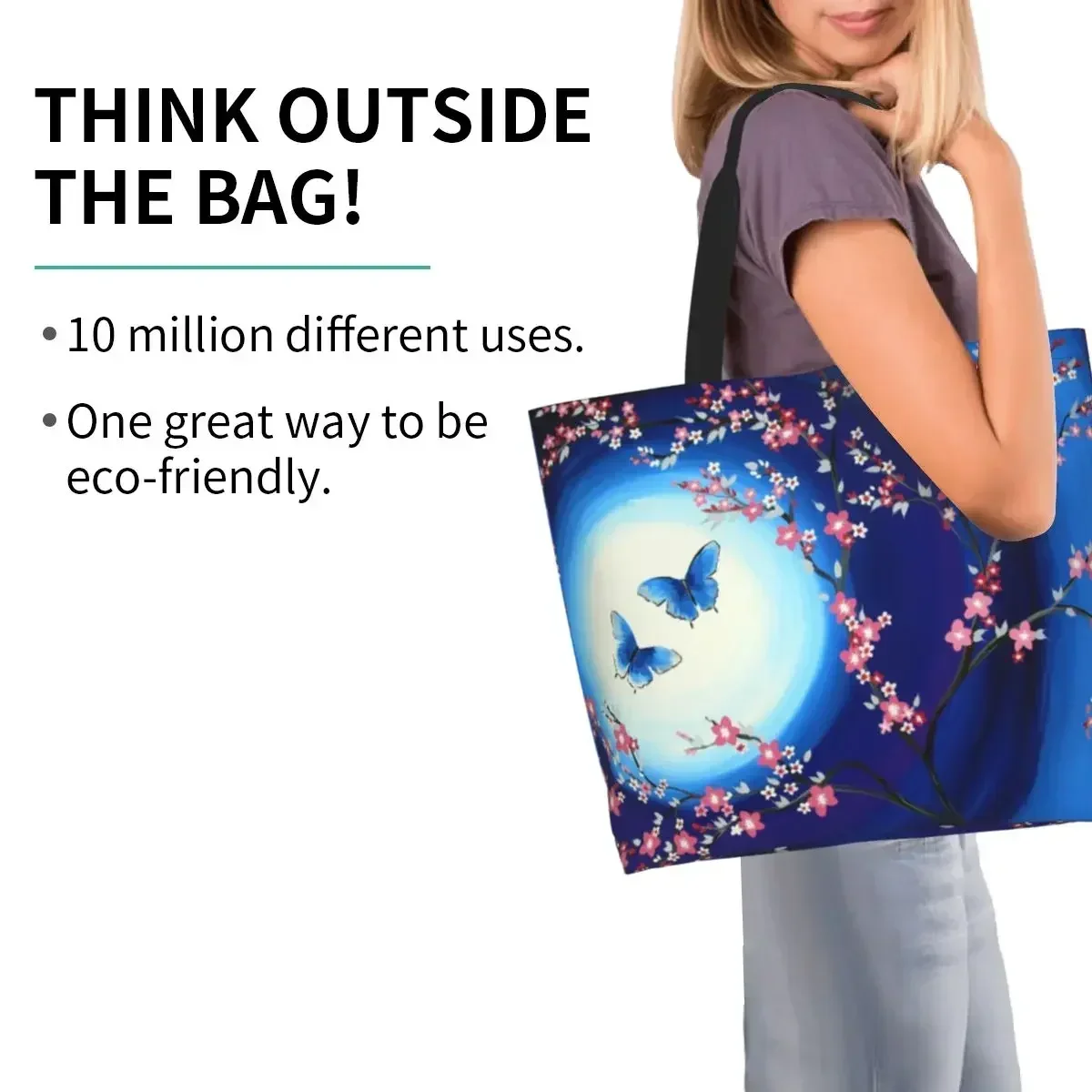 أزهار الكرز الفراشات البقالة حمل أكياس التسوق زهرة الأزهار قماش المتسوق حقيبة كتف حقائب اليد ذات سعة كبيرة