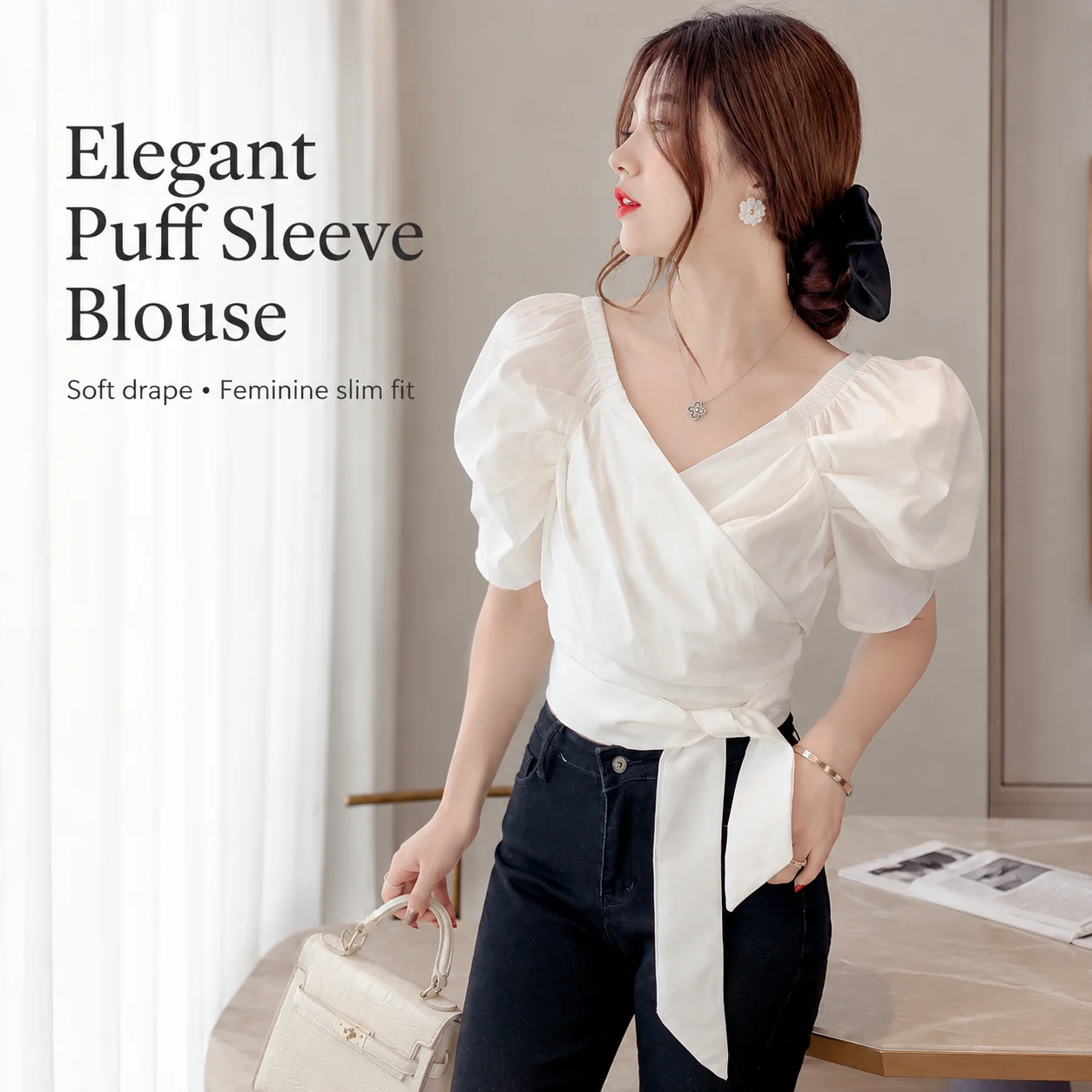 Wrap Blouse Chiffon - Women White Chiffon Wrap V Neck