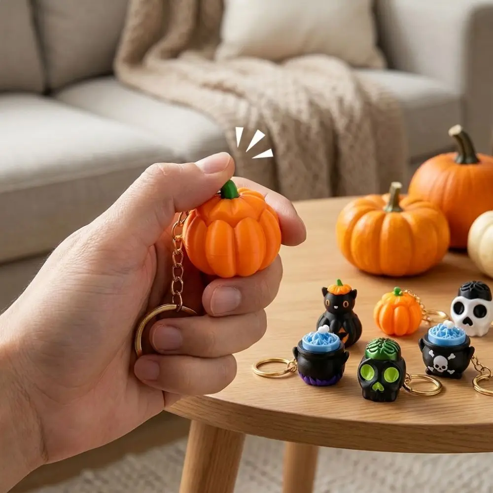 3D Printed Halloween Pumpkin Clicker Keychain Gothic Style Black Cat Skull Fidget Keychain Clicker Witch Pot