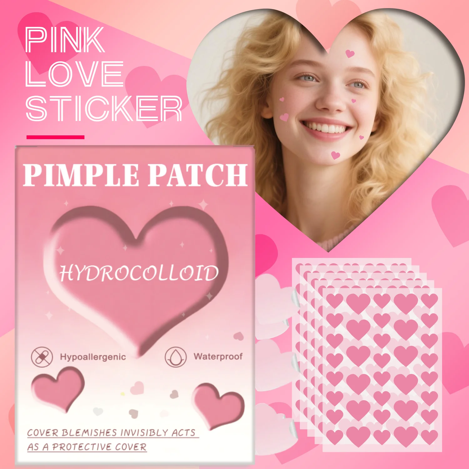 1080  pieces of pink heart-shaped acne patches, facial acne patches, concealer acne patches, and pimples patches, ultra-thin and
