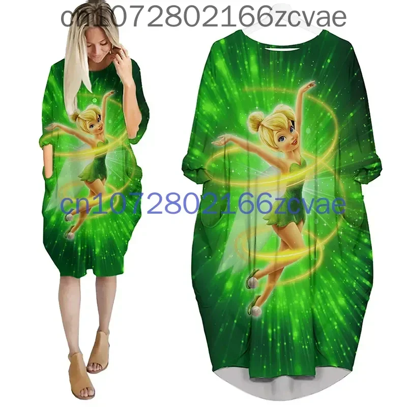 New Tinker Bell Women\'s Batwing Pocket Dress Disney 3D Printed Oversize Fashion Street Girls Pullover Long sleeved Dress