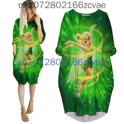 New Tinker Bell Women's Batwing Pocket Dress Disney 3D Printed Oversize Fashion Street Girls Pullover Long sleeved Dress