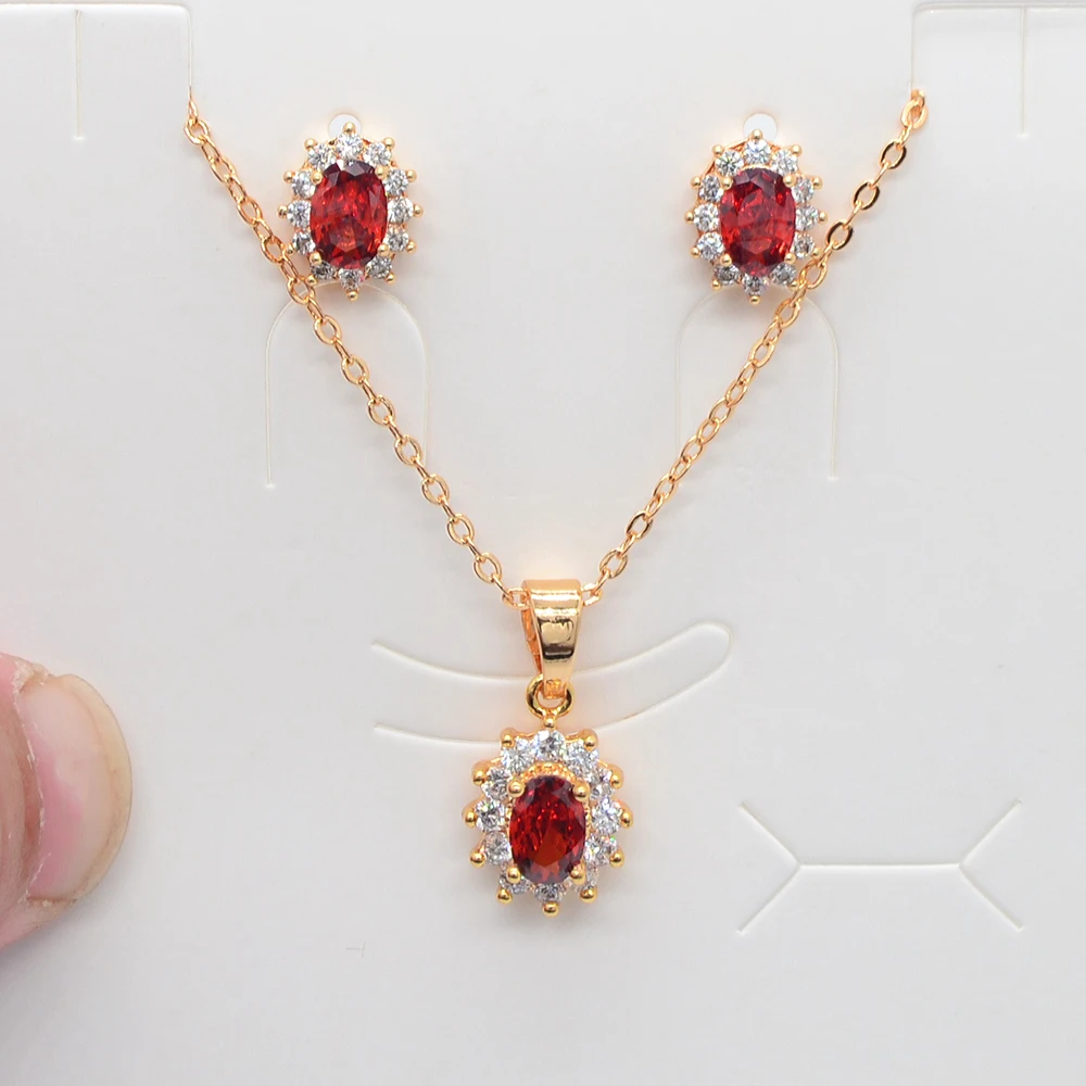 Fashion Gold Color Women Red Cubic Zirconia Romantic Oval Stud Earrings & Pendant Wedding Jewelry Set