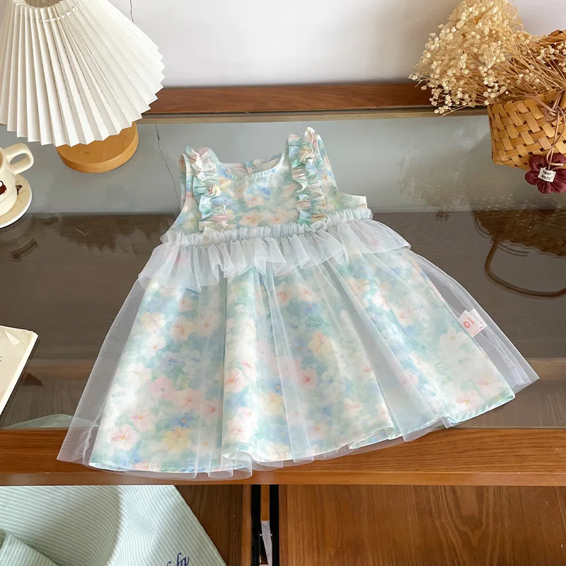 

Summer Toddler Baby Girls Cotton Button Back Cinched Waist Sleeveless Floral Tulle Dress Kid Princess Skirt Children Outfit 0-7Y