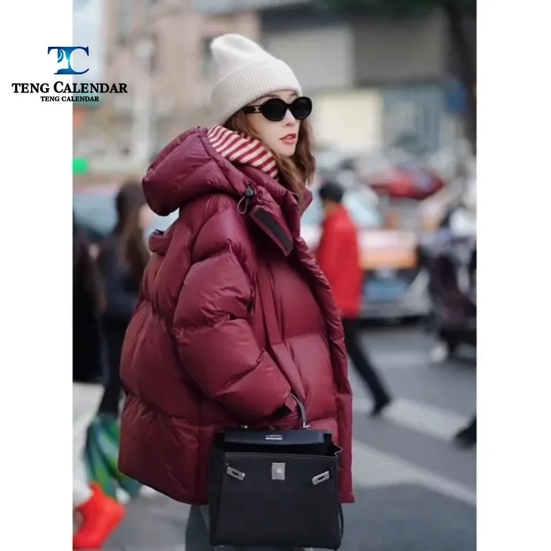 Winter Cotton Jacket for Women, Red, High-End and Skin Friendly, Chic Hooded Loose Down Jacket, New Style