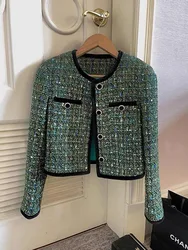 Luxury Small Fragrance Style Weave Coarse Tweed Short Coat Women Autumn New Green Single breasted Temperament and Elegant Jacket