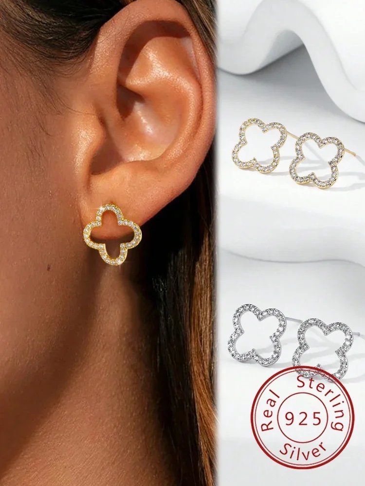 

925 Sterling Silver Simplicity Hollow Out Four Leaf Clover Zircon Earrings For Women Anniversary Party High Quality Fine Jewelry
