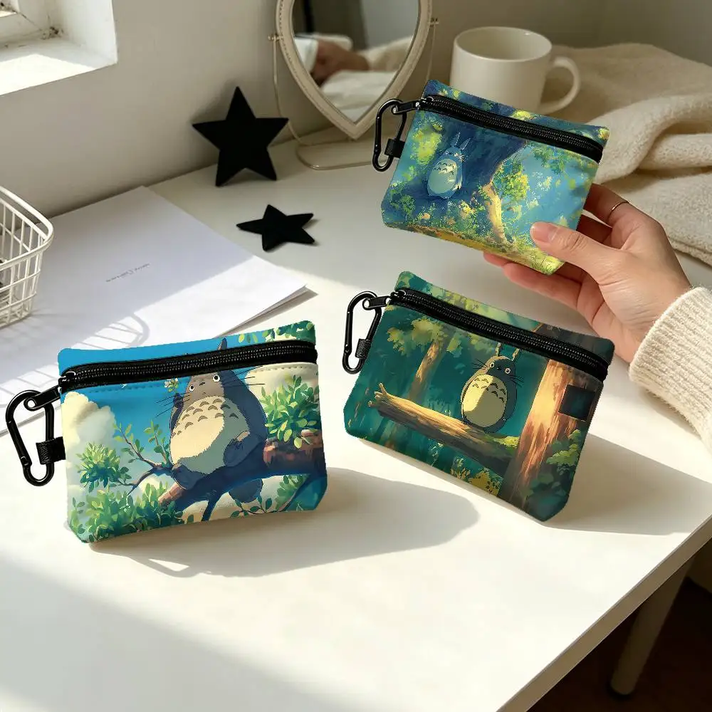 T-TotoroS Kawaii Portable Oxford Fabric Mini Wallet Carabiner Design Small Coin Bag For Cards Keys Earphones