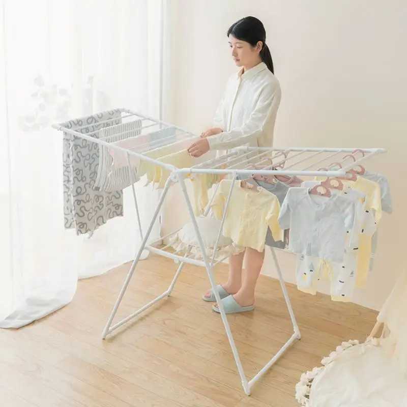 Stainless Steel Floor-Mounted Balcony Clothes Drying Rack Simple Modern Wing-Type Indoor Mobile Baby Clothesline Holder