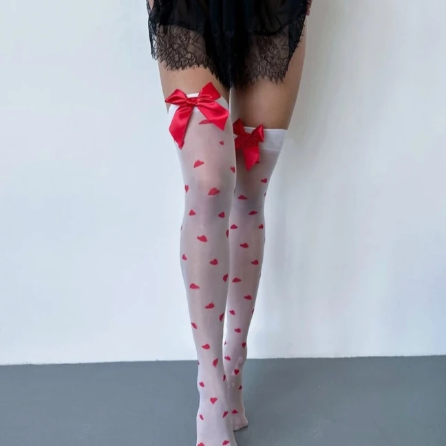 Stoking Wanita Populer Lingerie Seksi Ikatan Simpul Merah Stoking Tinggi Paha Wanita Istri Pengantin Stoking Sutra Transparan Musim Panas