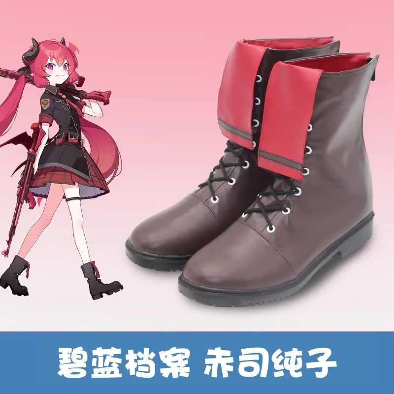 New! Akashi Junko Cosplay Shoes Blue Archive brown shoes collar lovely red customize Mid-calf lace-up boots